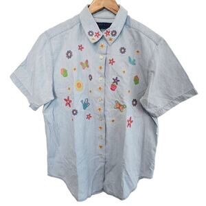 Vintage Karen Scott Denim Blouse Womens XL 80s Floral Embroidered Cottagecore